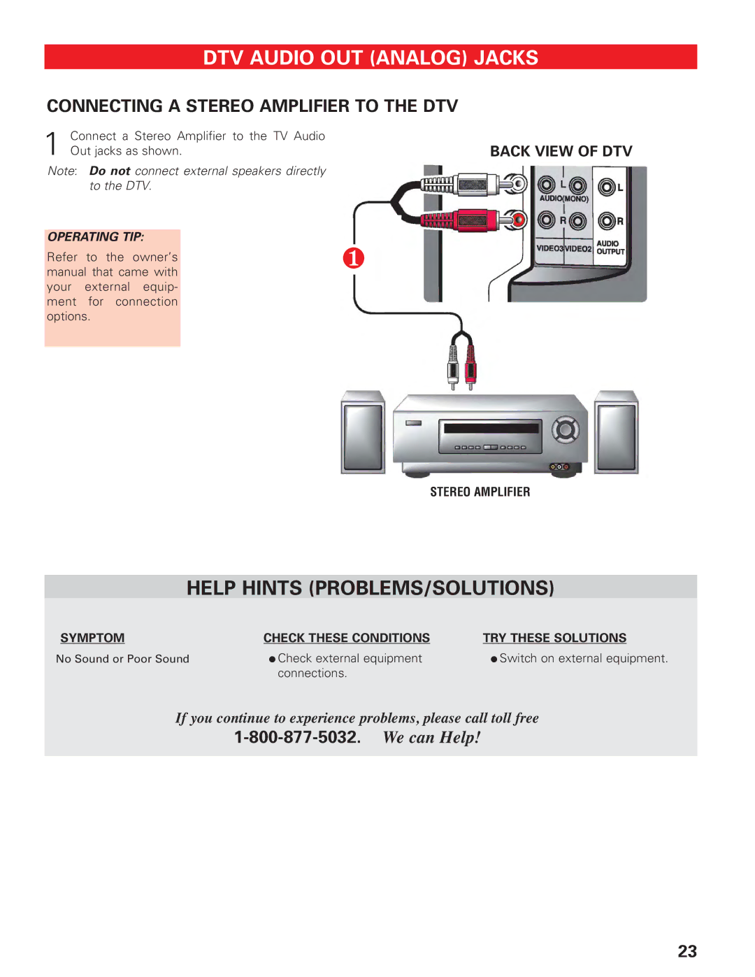 Sanyo DP19647 owner manual DTV Audio OUT Analog Jacks, Connecting a Stereo Amplifier to the DTV 