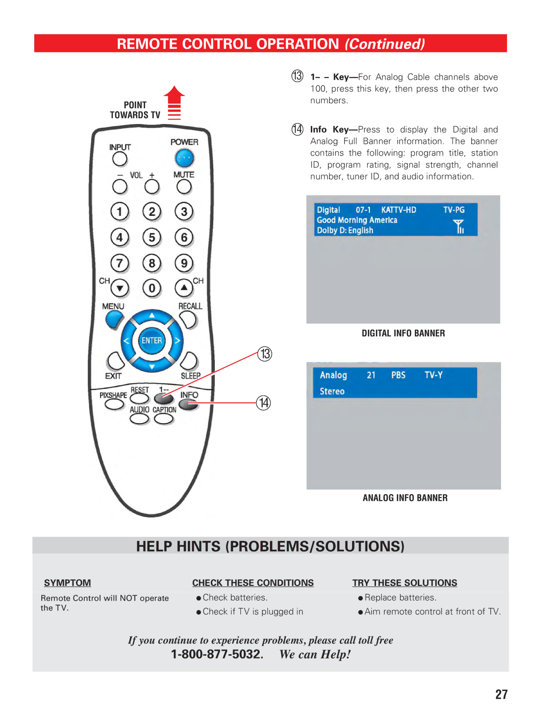 Sanyo DP19647 owner manual Digital Info Banner Analog Info Banner 