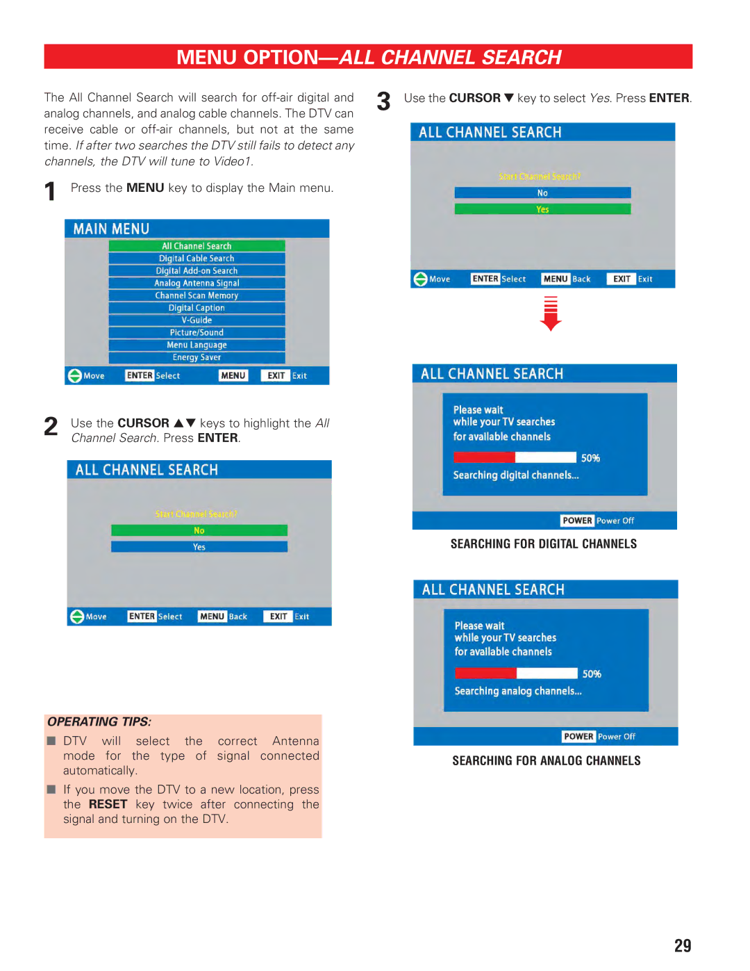 Sanyo DP19647 owner manual Menu OPTION-ALL Channel Search 