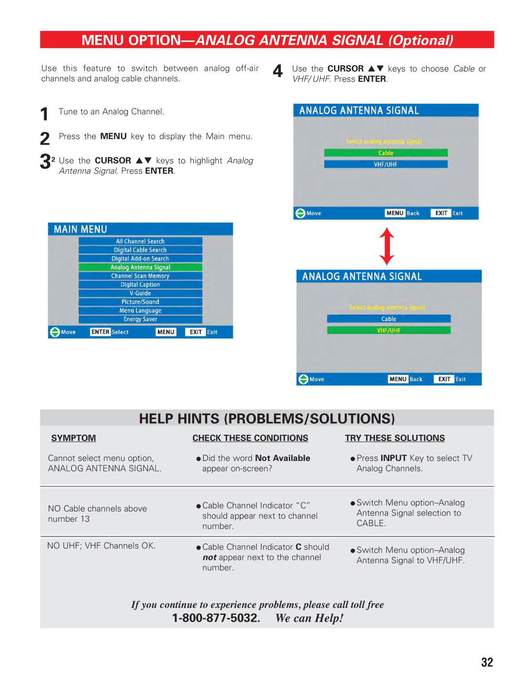 Sanyo DP19647 owner manual Menu OPTION-ANALOG Antenna Signal Optional 