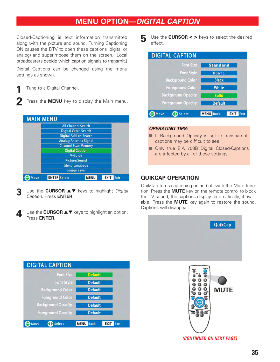 Sanyo DP19647 owner manual Menu OPTION-DIGITAL Caption, Mute 