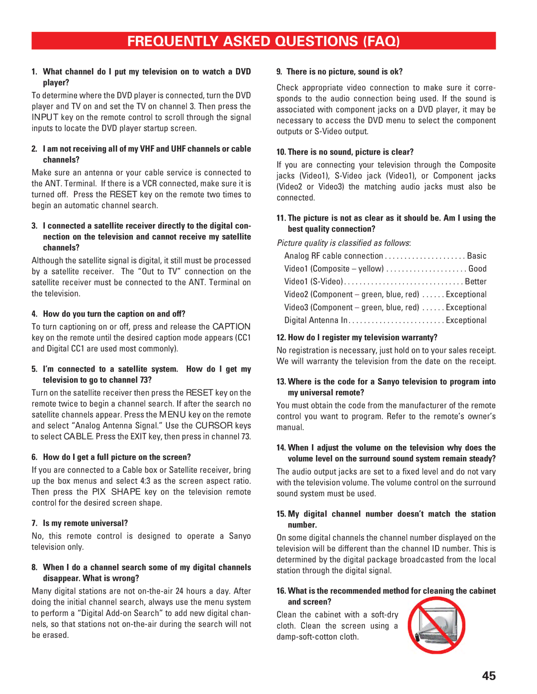 Sanyo DP19647 owner manual Frequently Asked Questions FAQ, How do you turn the caption on and off? 