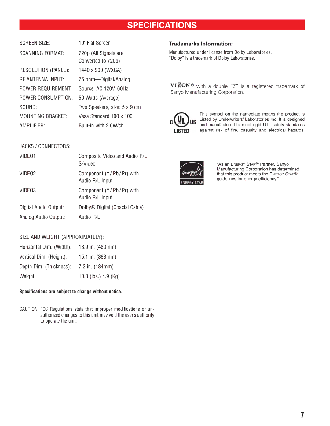 Sanyo DP19647 owner manual Specifications, VIDEO3 