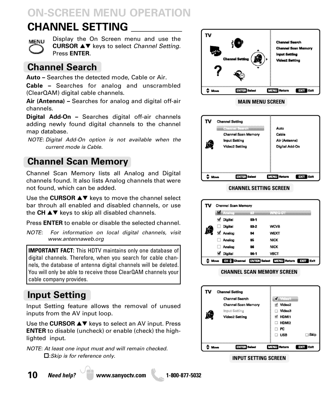 Sanyo DP26640 manual ON-SCREEN Menu Operation Channel Setting, Channel Search, Channel Scan Memory, Input Setting 