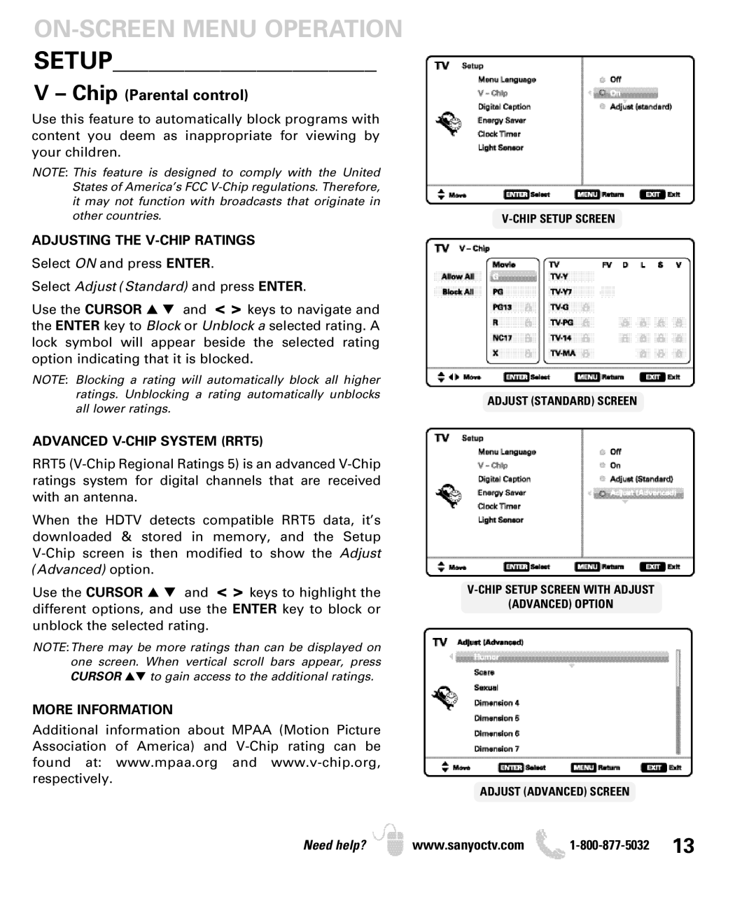 Sanyo DP26640 manual Adjusting the V-CHIP Ratings, Advanced V-CHIP System RRT5, More Information 