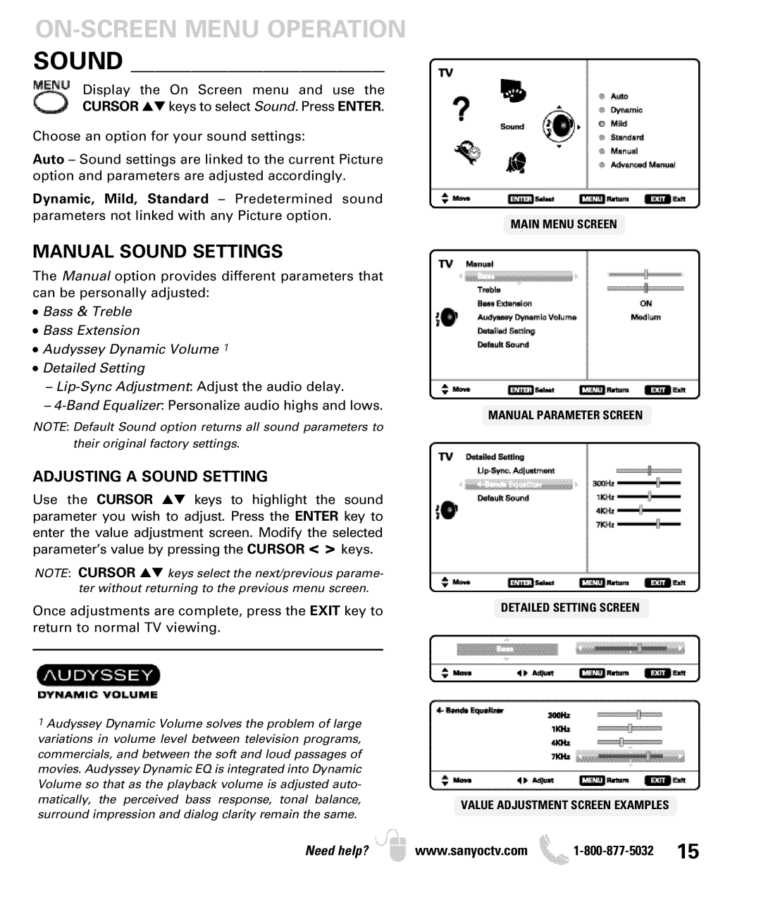 Sanyo DP26640 manual Manual Sound Settings, Adjusting a Sound Setting 