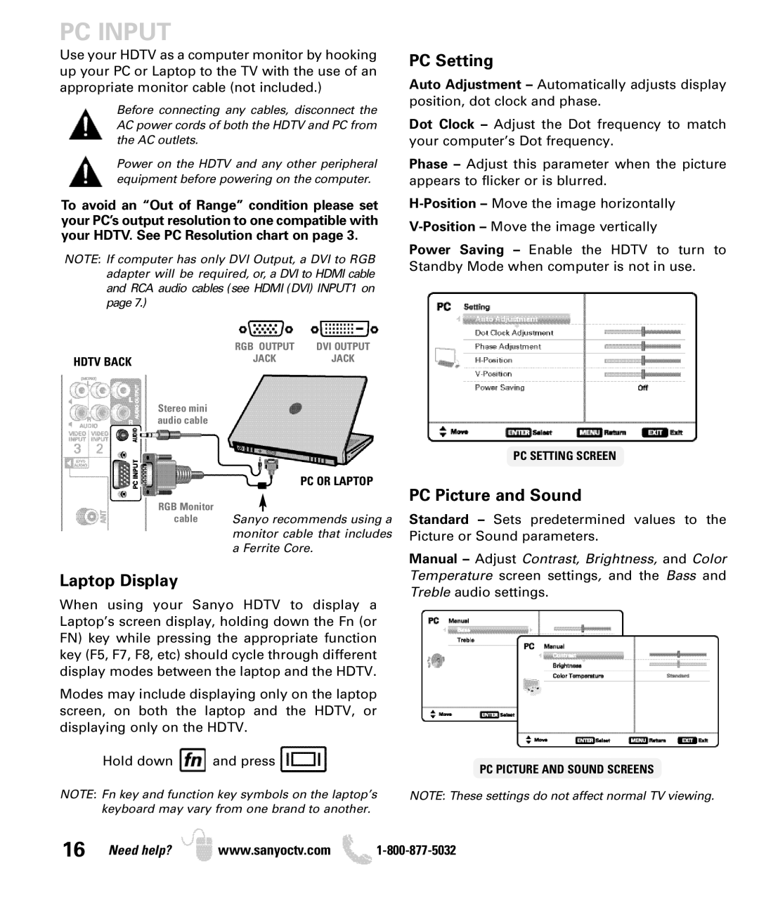 Sanyo DP26640 manual PC Input, PC Setting 