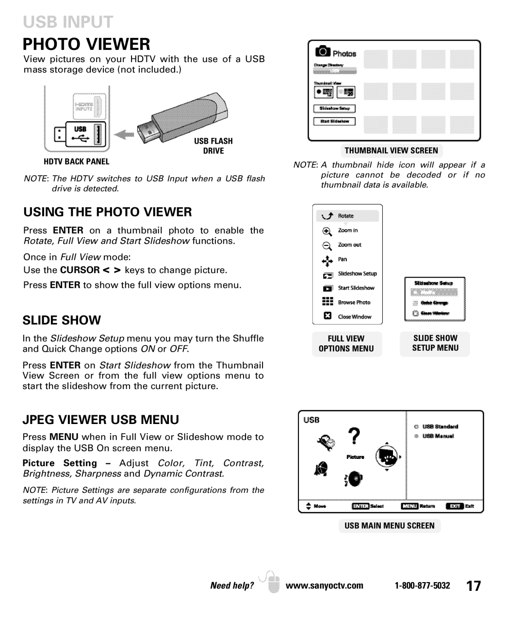 Sanyo DP26640 manual USB Input, Using the Photo Viewer, Slide Show, Jpeg Viewer USB Menu 