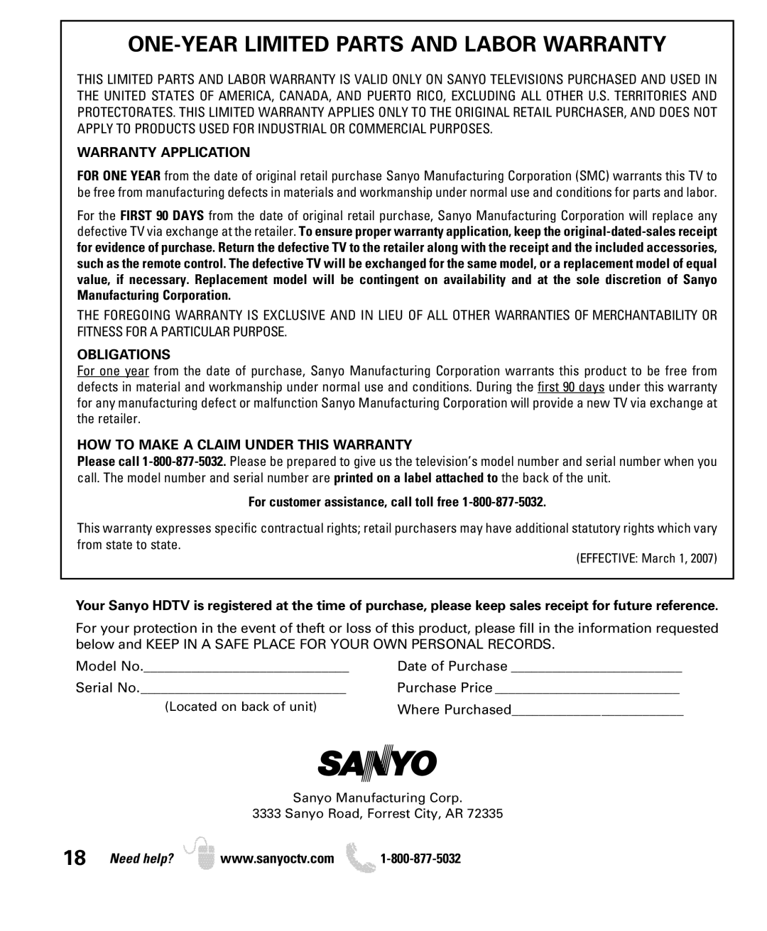 Sanyo DP26640 manual ONE-YEAR Limited Parts and Labor Warranty, Warranty Application, Obligations 