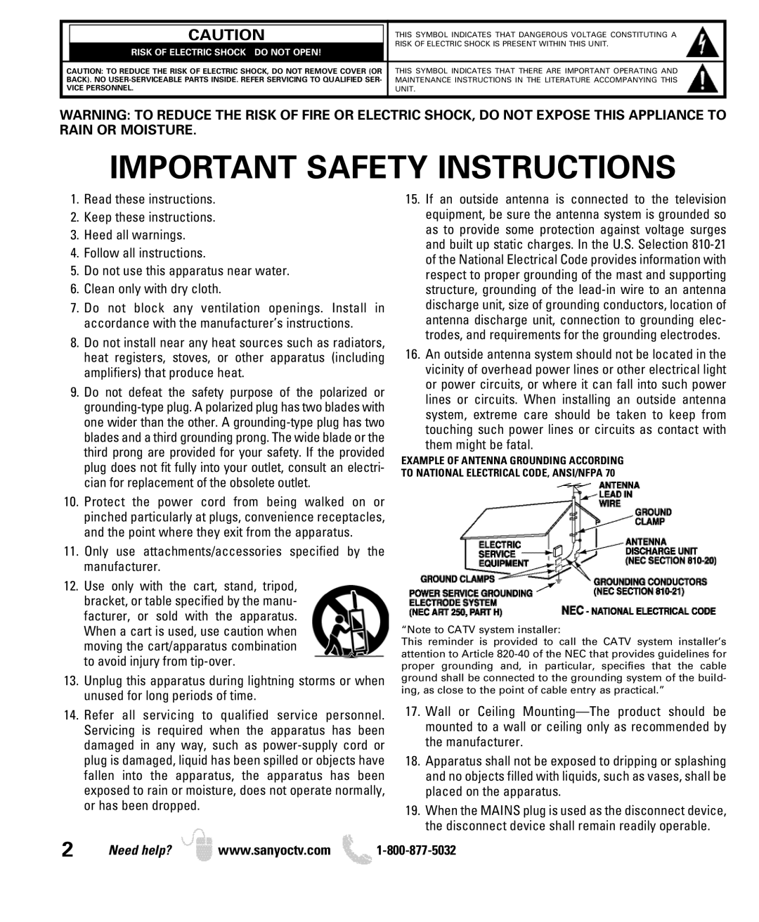 Sanyo DP26640 manual Important Safety Instructions 