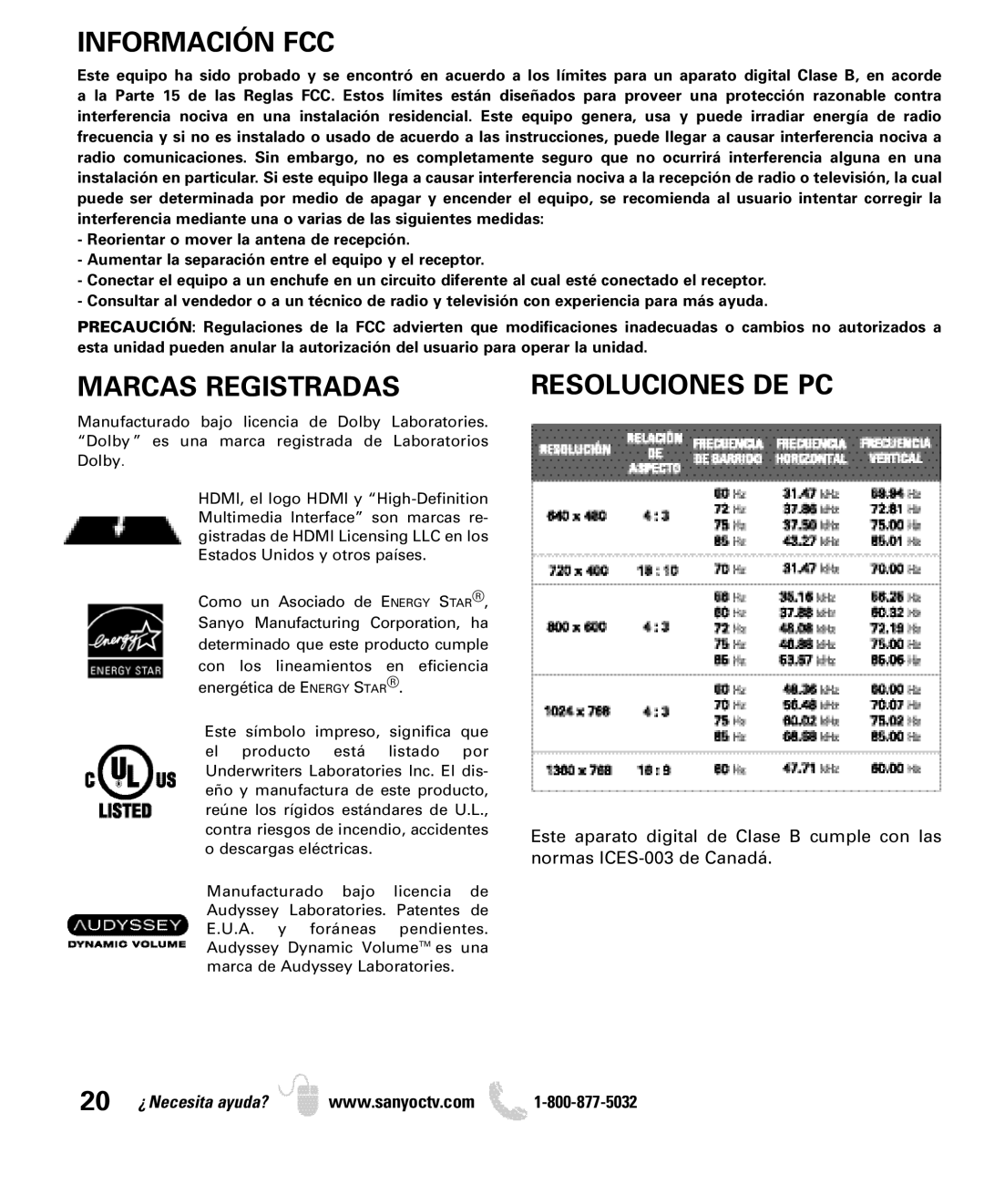 Sanyo DP26640 manual Información FCC, Marcas Registradas 