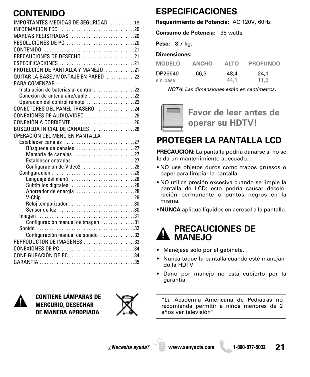 Sanyo DP26640 manual Contenido, Especificaciones, Proteger LA Pantalla LCD, Precauciones DE Manejo 