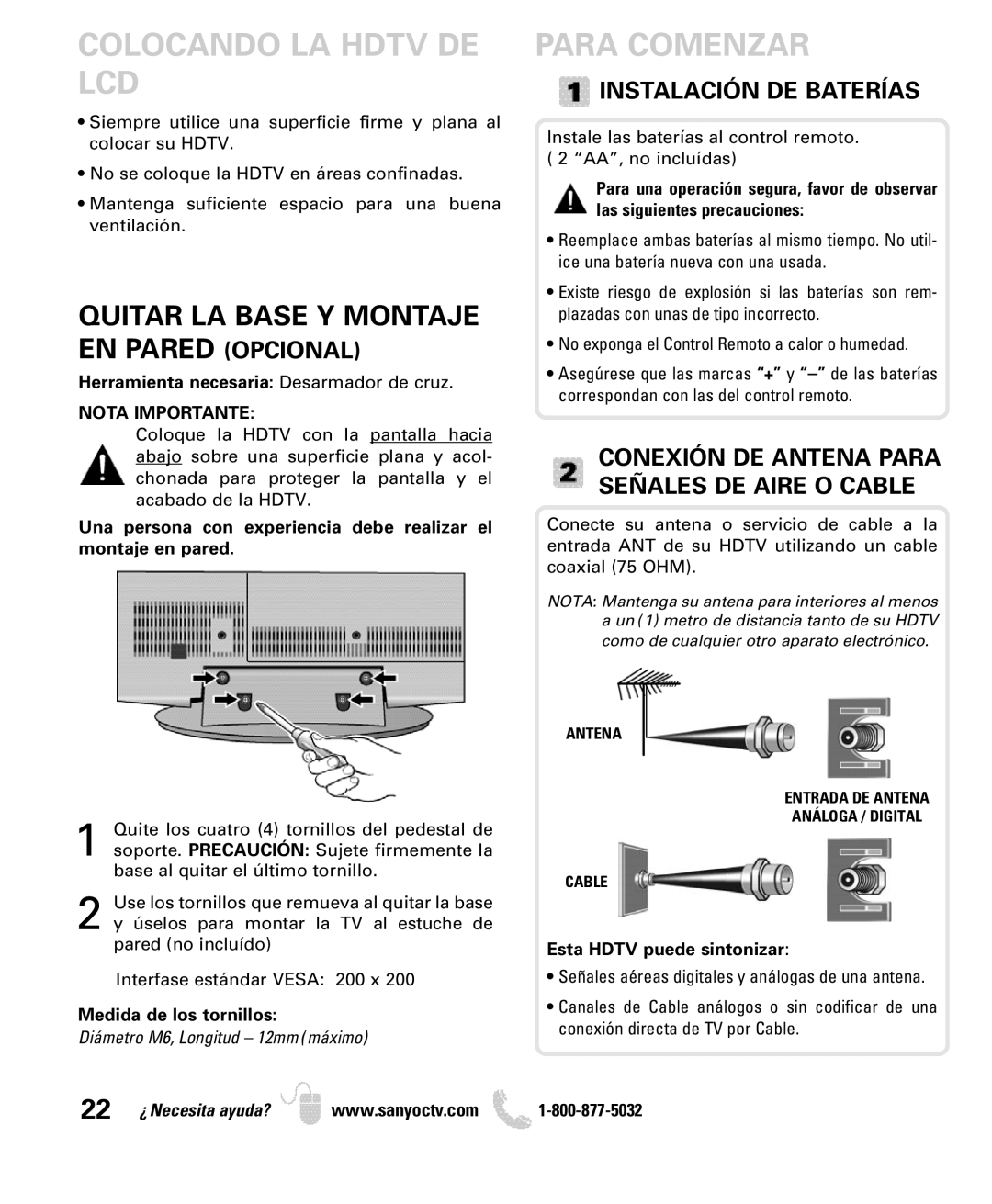 Sanyo DP26640 manual Colocando LA Hdtv DE LCD, Para Comenzar, Instalación DE Baterías, Nota Importante 