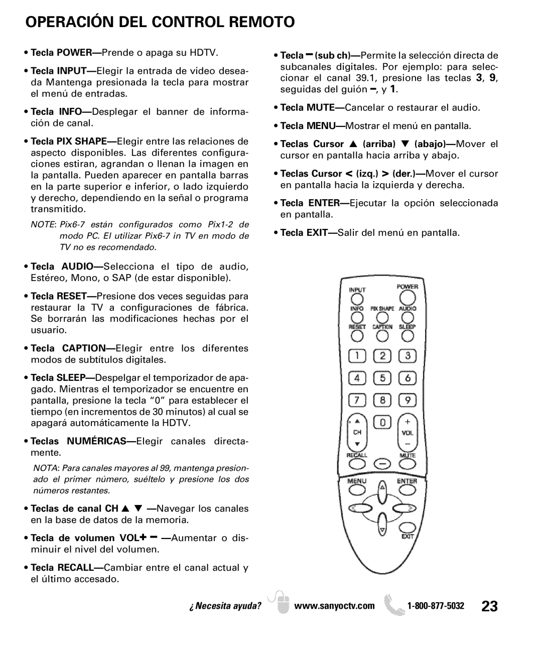 Sanyo DP26640 manual Operación DEL Control Remoto 