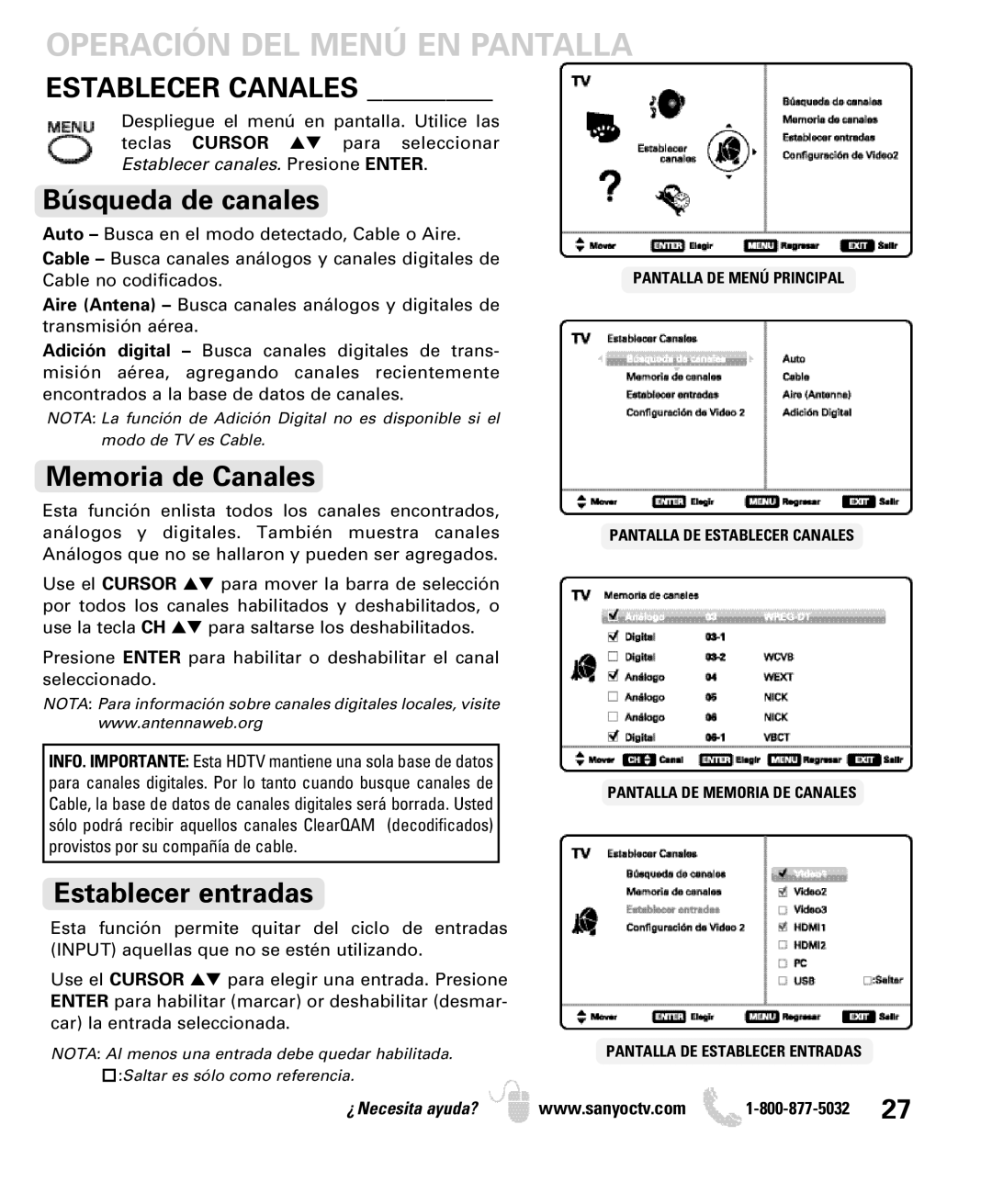 Sanyo DP26640 manual Operación DEL Menú EN Pantalla, Establecer Canales, Búsqueda de canales, Memoria de Canales 