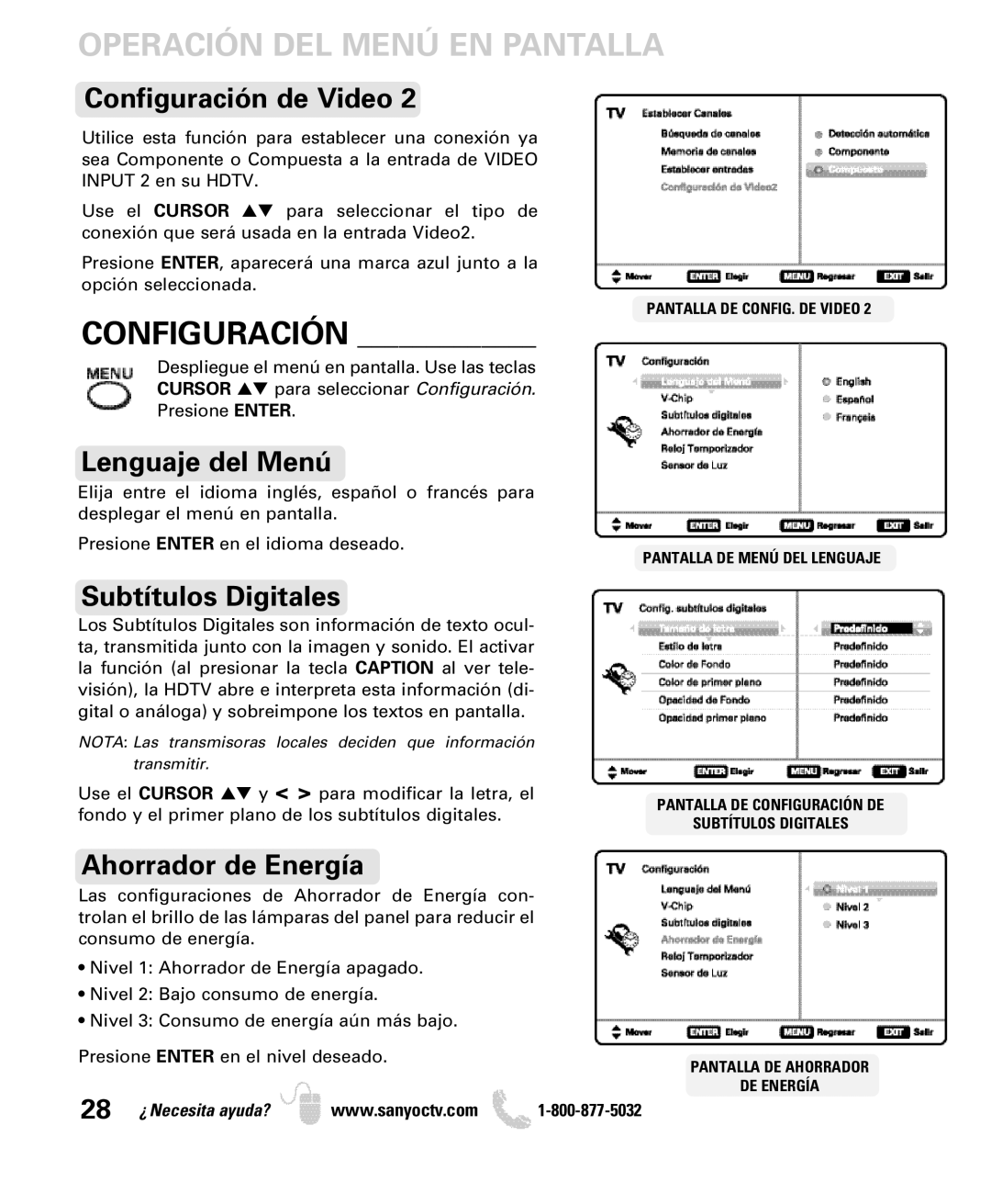 Sanyo DP26640 manual Configuración de Video, Lenguaje del Menú, Subtítulos Digitales, Ahorrador de Energía 