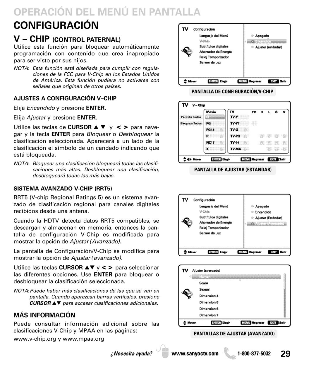 Sanyo DP26640 manual Chip Control Paternal, MÁS Información, Ajustes a Configuración V-CHIP, Sistema Avanzado V-CHIP RRT5 