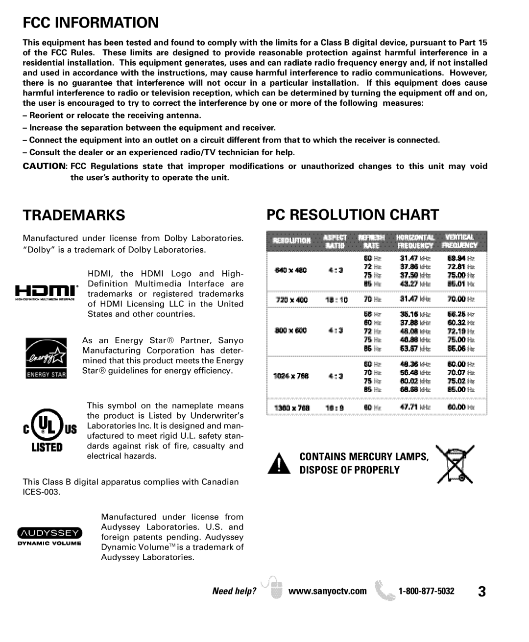 Sanyo DP26640 manual FCC Information, Trademarks, Contains Mercury LAMPS, Dispose of Properly 