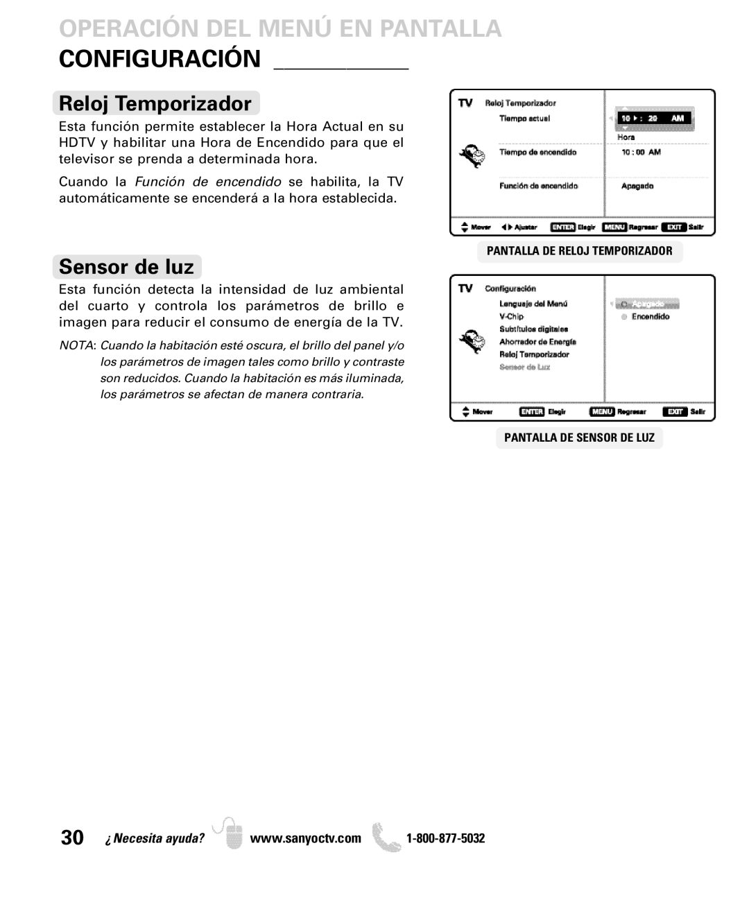 Sanyo DP26640 manual Reloj Temporizador, Sensor de luz 