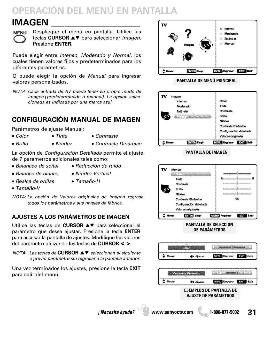 Sanyo DP26640 manual Configuración Manual DE Imagen, Ajustes a LOS Parámetros DE Imagen, Valores personalizados 