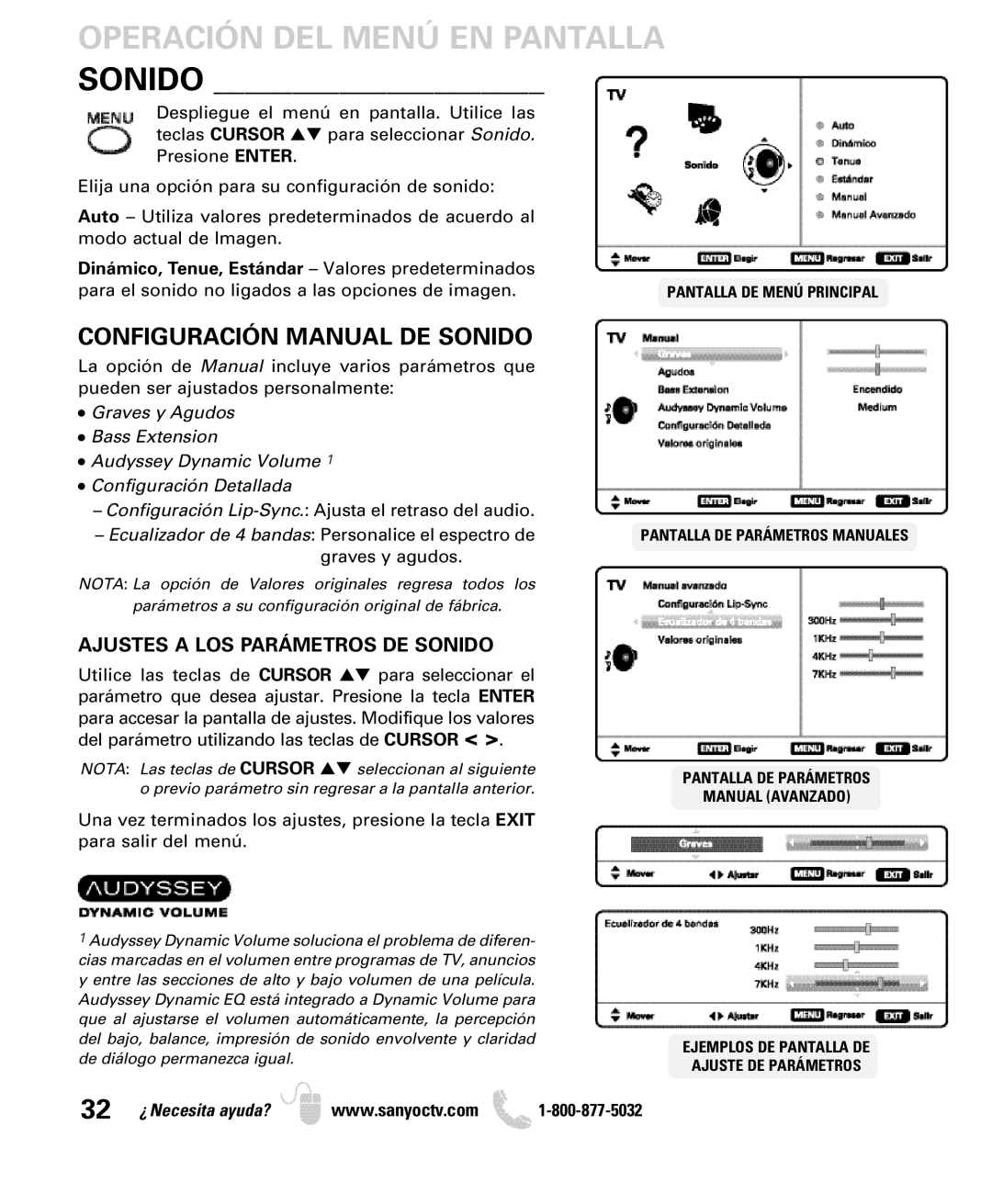 Sanyo DP26640 manual Configuración Manual DE Sonido, Ajustes a LOS Parámetros DE Sonido 