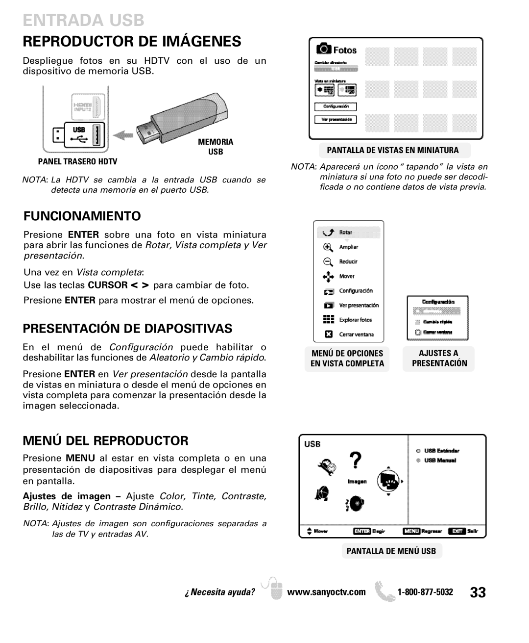 Sanyo DP26640 Entrada USB, Reproductor DE Imágenes, Funcionamiento, Presentación DE Diapositivas, Menú DEL Reproductor 