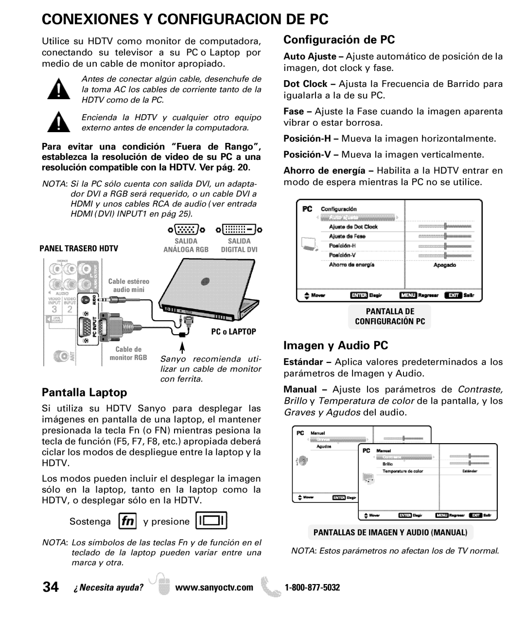 Sanyo DP26640 manual Conexiones Y Configuracion DE PC, Configuración de PC 