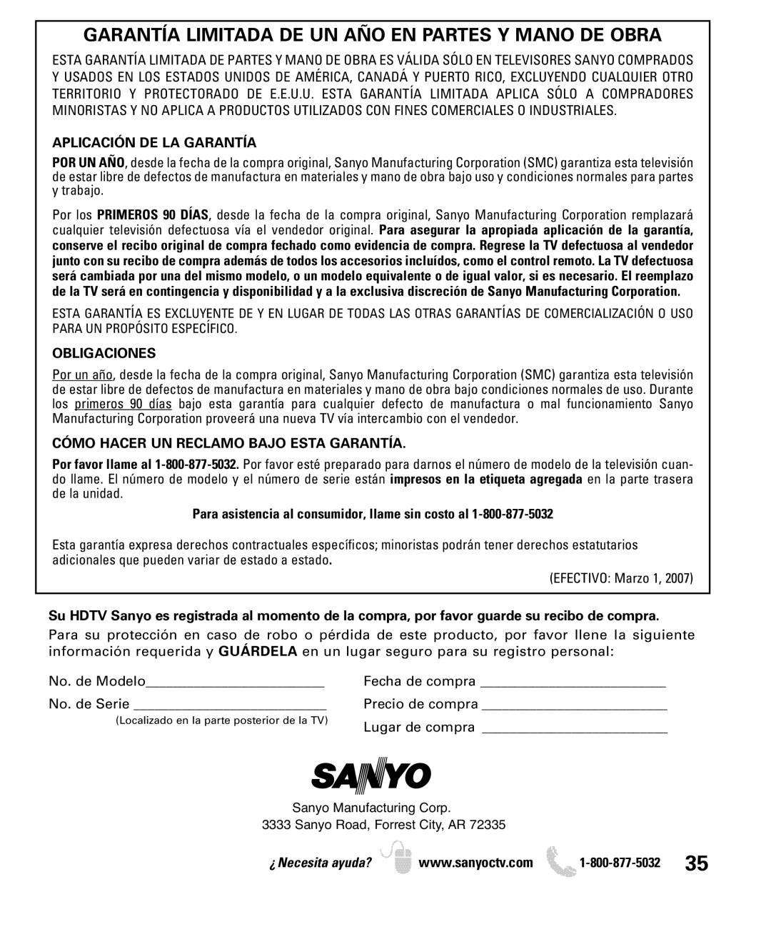 Sanyo DP26640 manual Garantía Limitada DE UN AÑO EN Partes Y Mano DE Obra, Aplicación DE LA Garantía, Obligaciones 