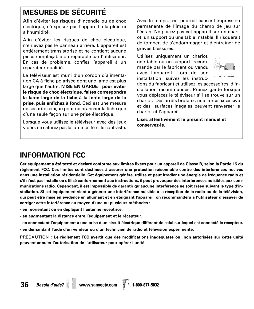 Sanyo DP26640 manual Mesures DE Sécurité, Information FCC 