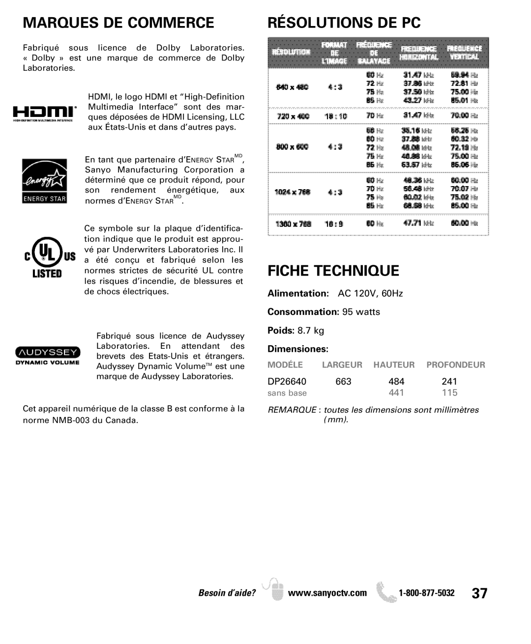 Sanyo DP26640 manual Marques DE Commerce, Fiche Technique 