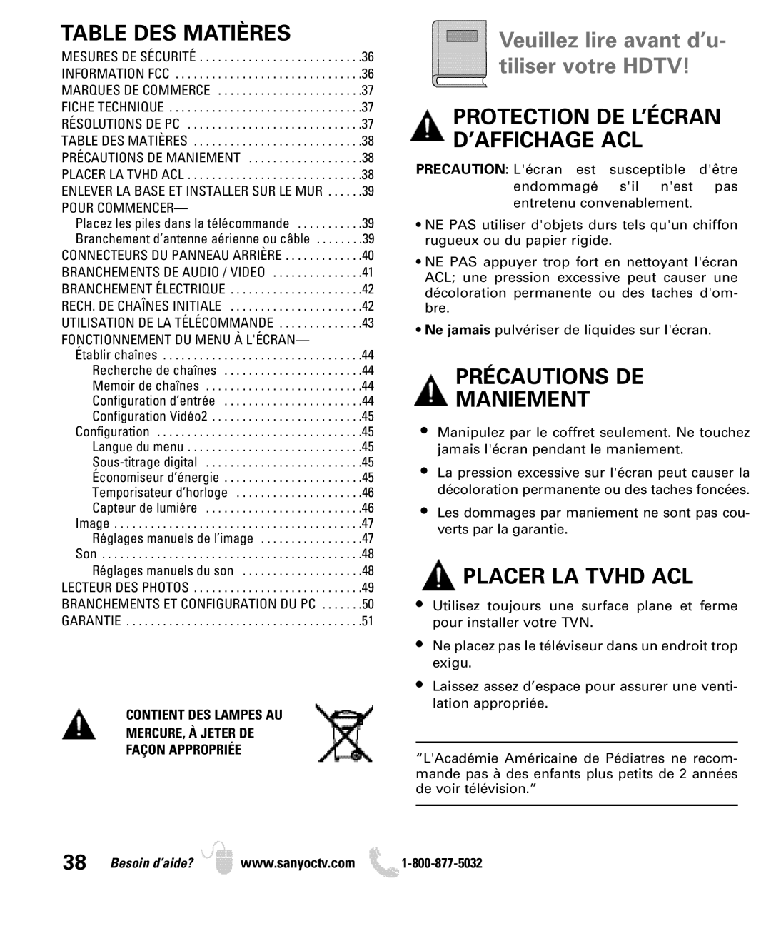 Sanyo DP26640 manual Table DES Matières, Précautions DE Maniement, Placer LA Tvhd ACL 