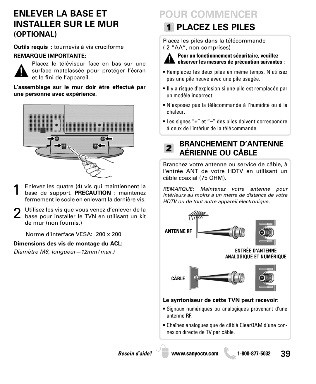 Sanyo DP26640 Pour Commencer, Placez LES Piles, Optional, Branchement D’ANTENNE Aérienne OU Câble, Remarque Importante 