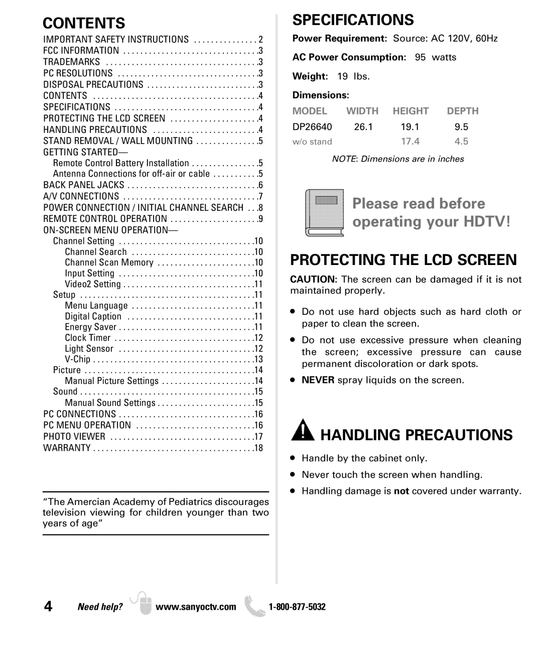 Sanyo DP26640 manual Contents, Specifications, Protecting the LCD Screen, Handling Precautions 