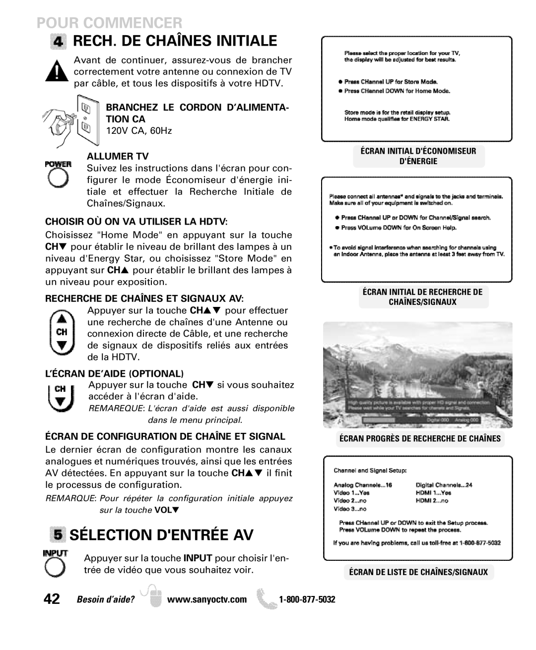 Sanyo DP26640 manual RECH. DE Chaînes Initiale, Sélection Dentrée AV 