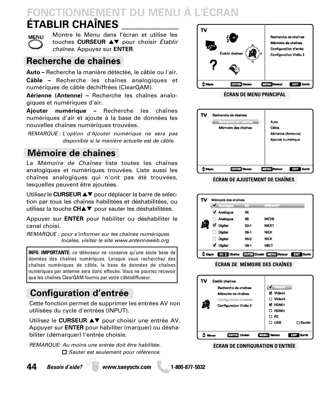 Sanyo DP26640 manual Fonctionnement DU Menu À Lécran Établir Chaînes, Recherche de chaînes, Mémoire de chaînes 