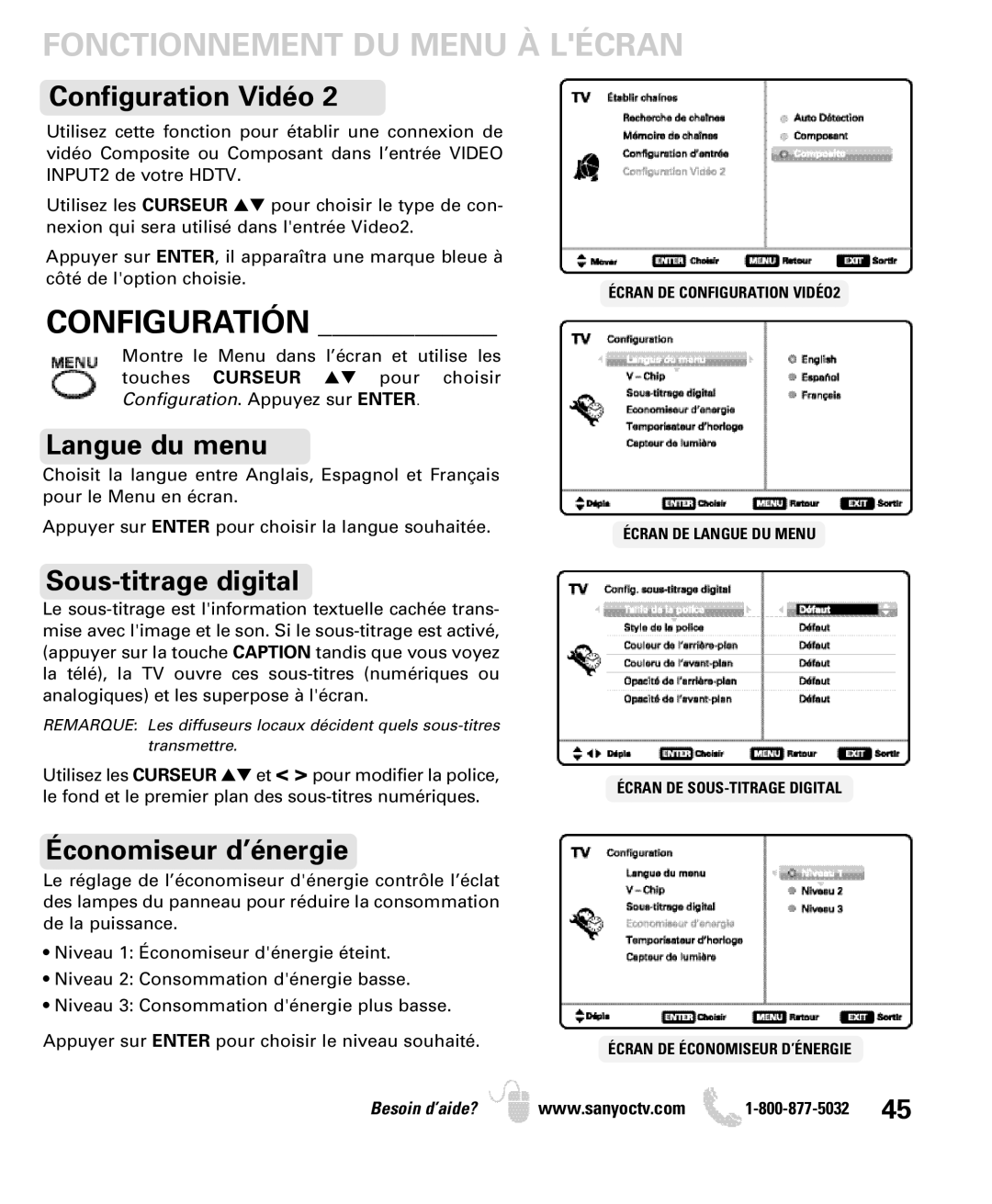 Sanyo DP26640 manual Fonctionnement DU Menu À Lécran, Configuration Vidéo, Langue du menu, Sous-titrage digital 