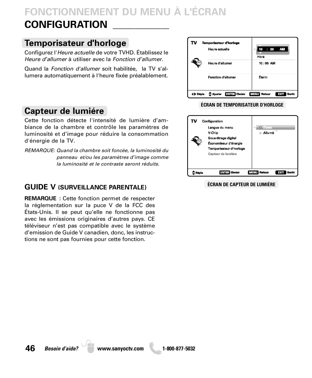 Sanyo DP26640 manual Fonctionnement DU Menu À Lécran Configuration, Temporisateur dhorloge, Capteur de lumiére 