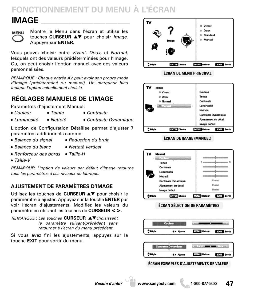 Sanyo DP26640 manual Réglages Manuels DE L’IMAGE, Ajustement DE Paramètres D’IMAGE 