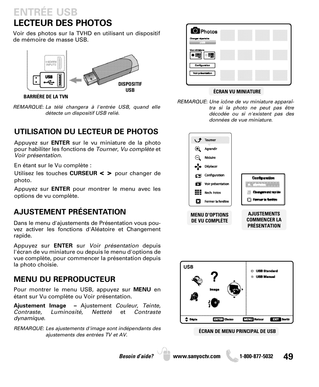 Sanyo DP26640 manual Entrée USB, Lecteur DES Photos, Utilisation DU Lecteur DE Photos, Ajustement Présentation 