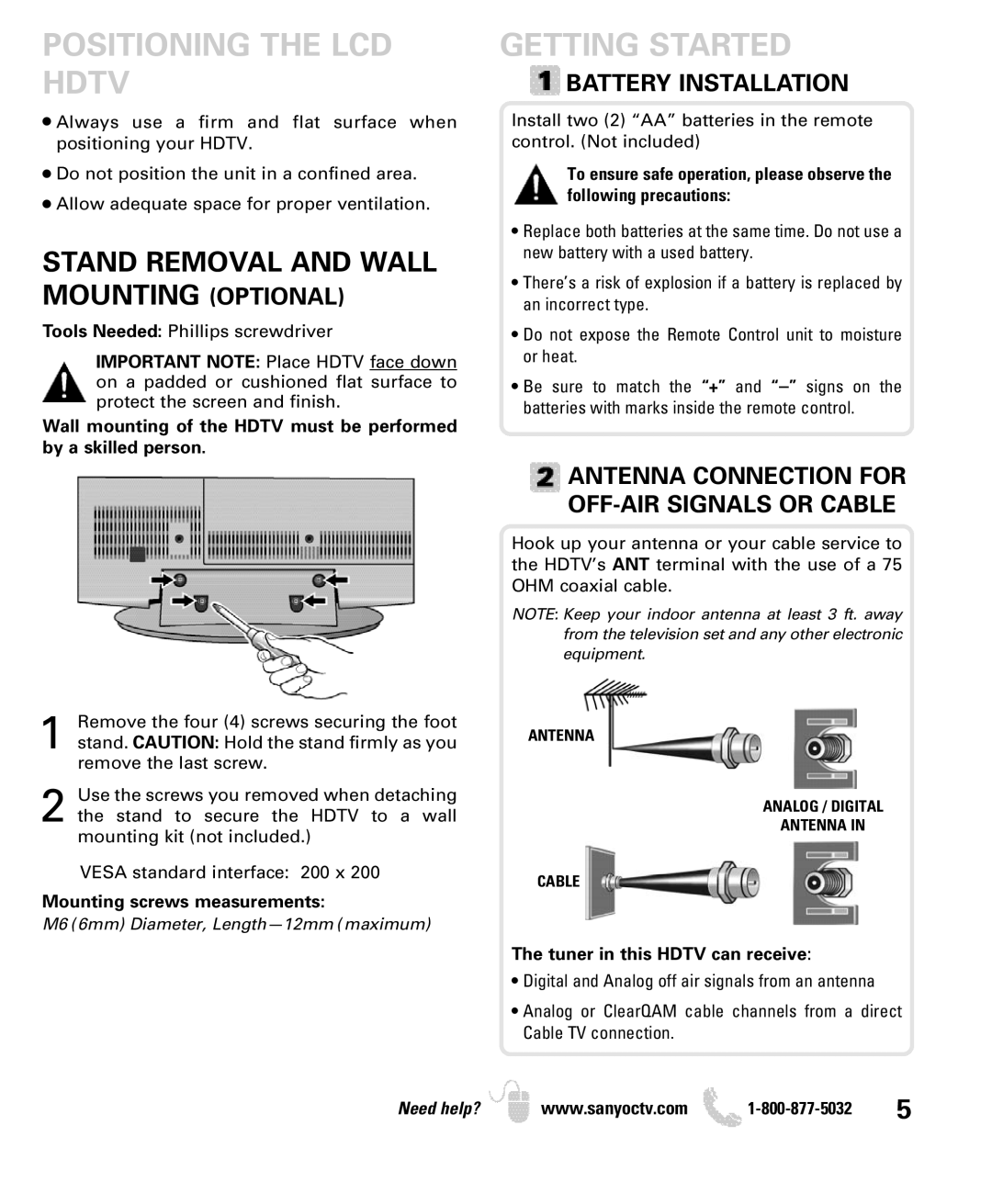 Sanyo DP26640 manual Positioning the LCD Getting Started Hdtv, Stand Removal and Wall Mounting Optional 