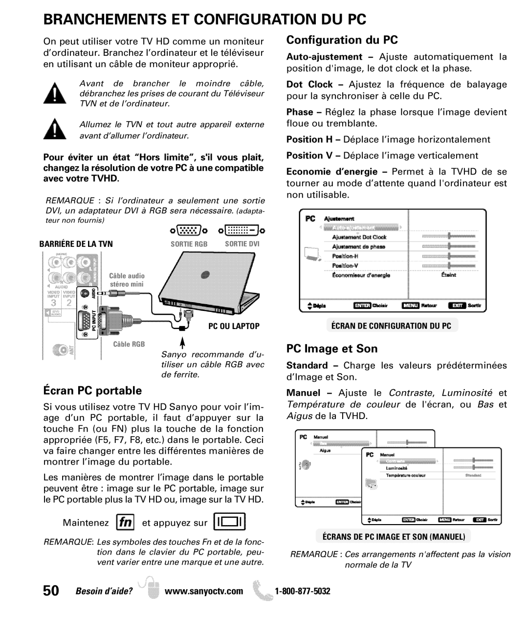 Sanyo DP26640 manual Branchements ET Configuration DU PC, Configuration du PC 