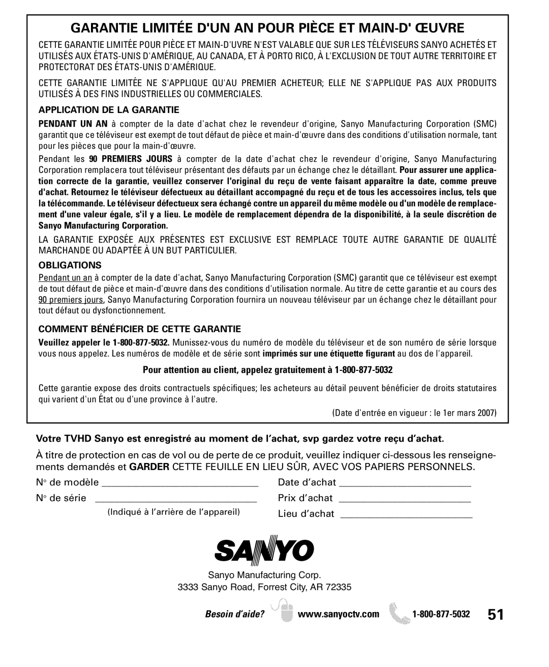 Sanyo DP26640 manual Garantie Limitée DUN AN Pour Pièce ET MAIN-D Œuvre, Pour attention au client, appelez gratuitement à 