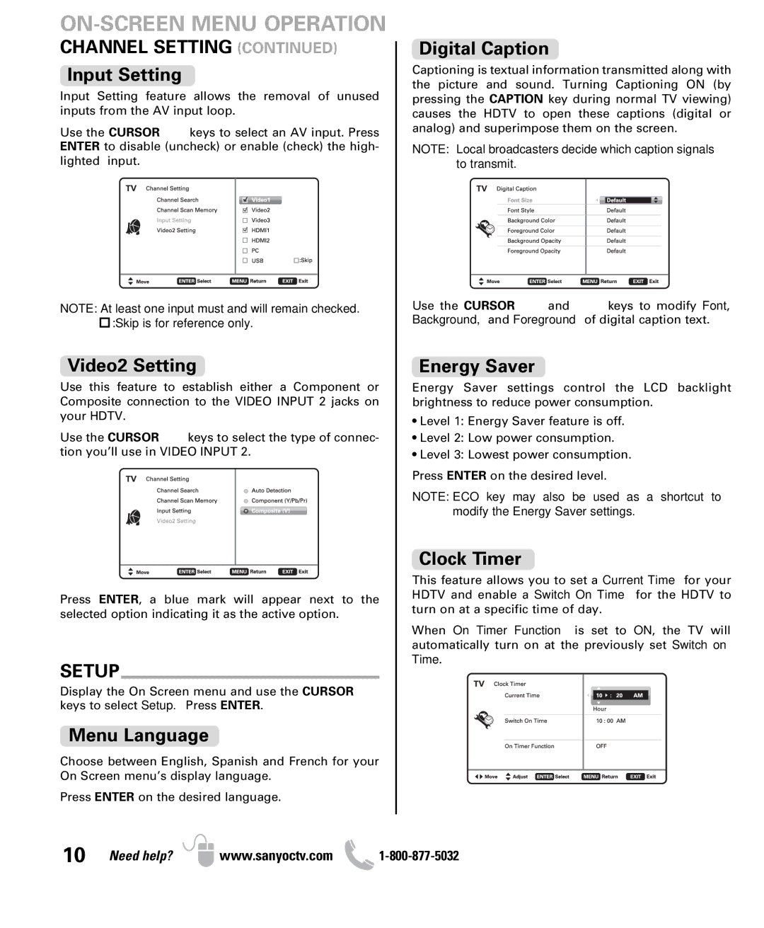 Sanyo DP26640 owner manual Input Setting, Setup 