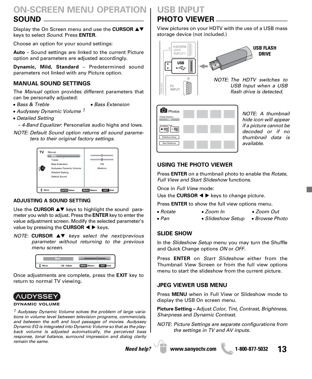 Sanyo DP26640 owner manual USB Input, Photo Viewer, Adjusting a Sound Setting 