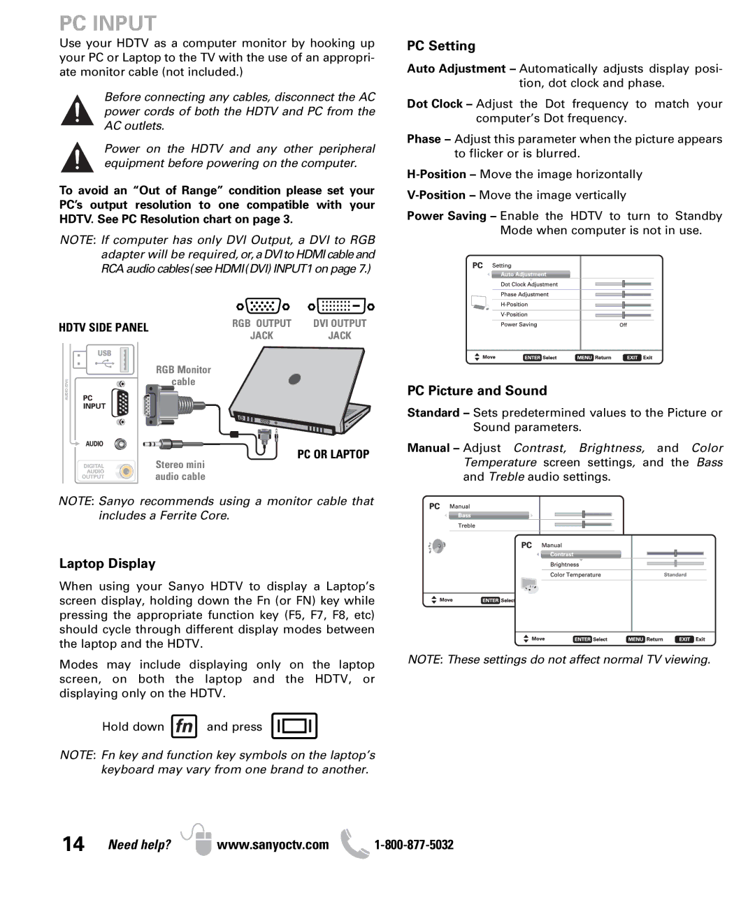 Sanyo DP26640 owner manual PC Input, Laptop Display, PC Setting, PC Picture and Sound, PC or Laptop 