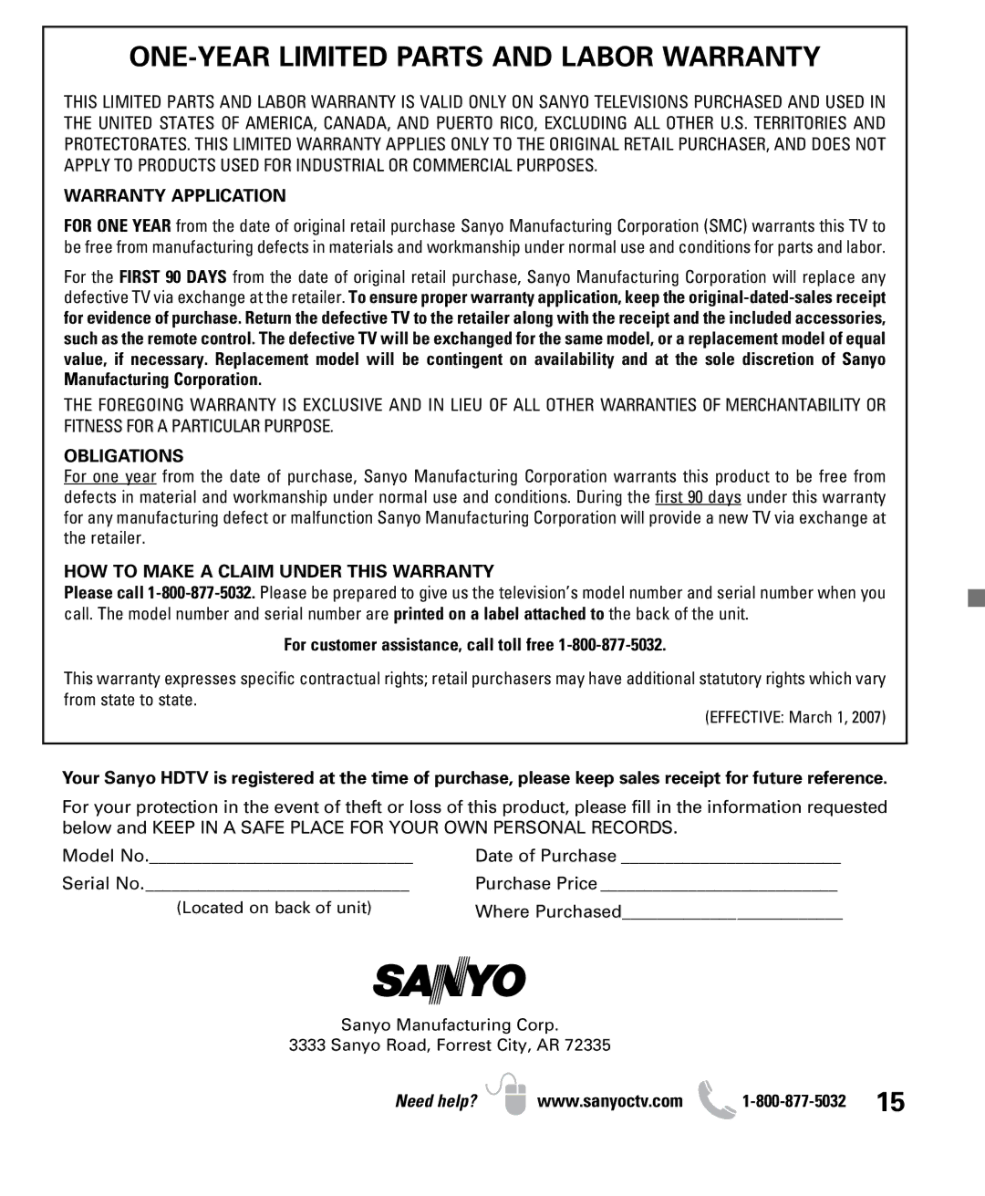 Sanyo DP26640 owner manual ONE-YEAR Limited Parts and Labor Warranty, For customer assistance, call toll free 