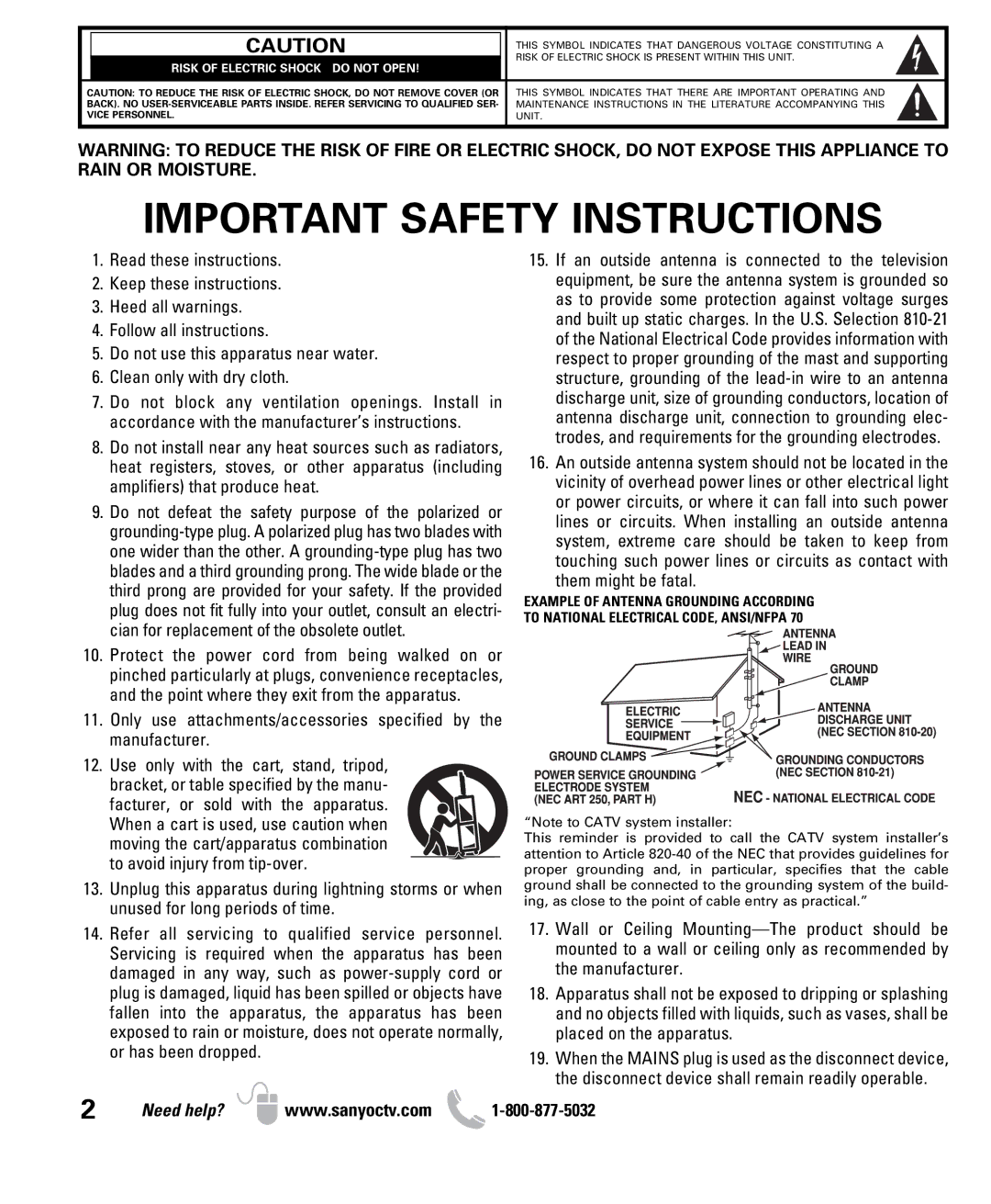 Sanyo DP26640 owner manual Important Safety Instructions 