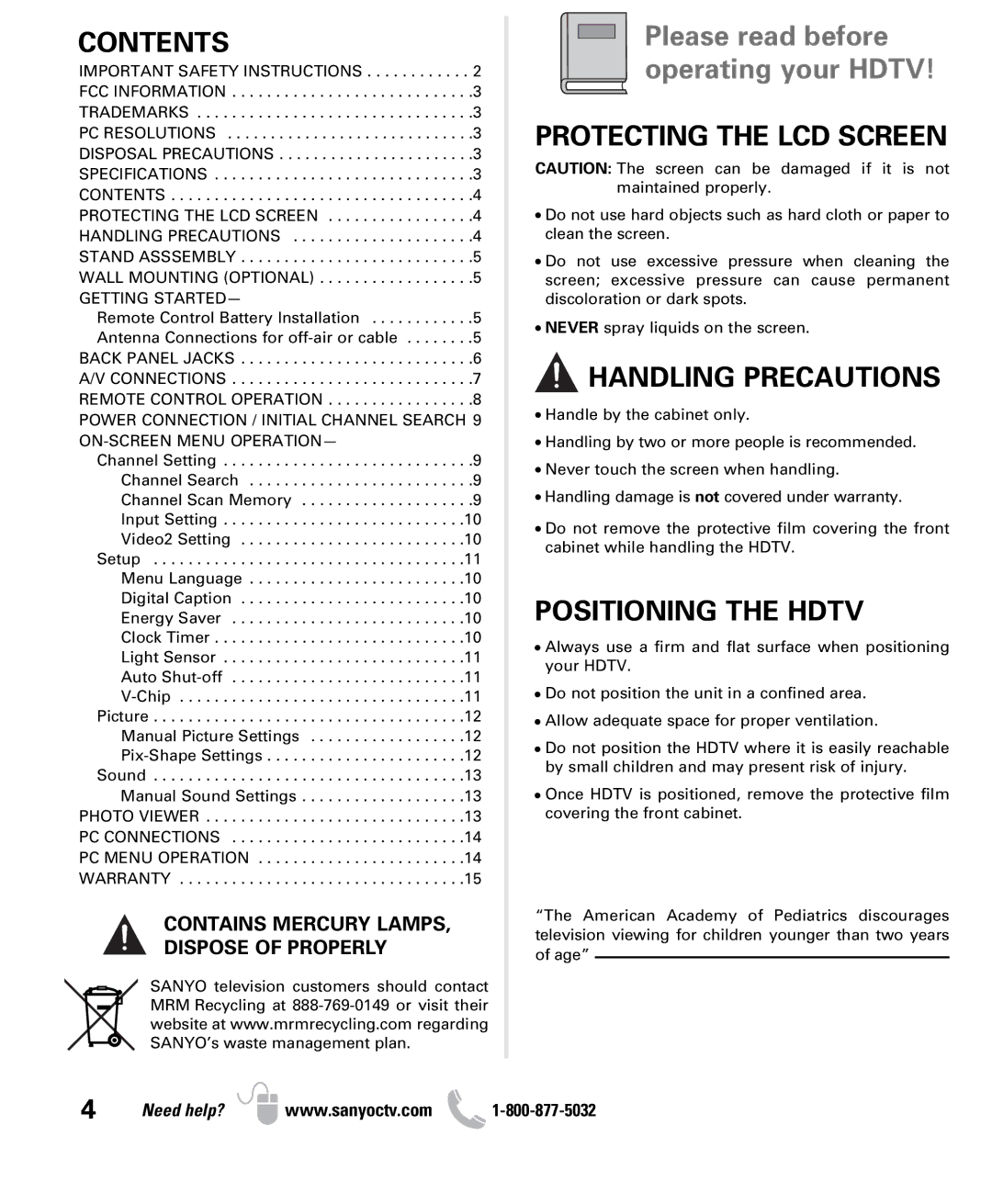 Sanyo DP26640 owner manual Contents, Protecting the LCD Screen, Handling Precautions, Positioning the Hdtv 