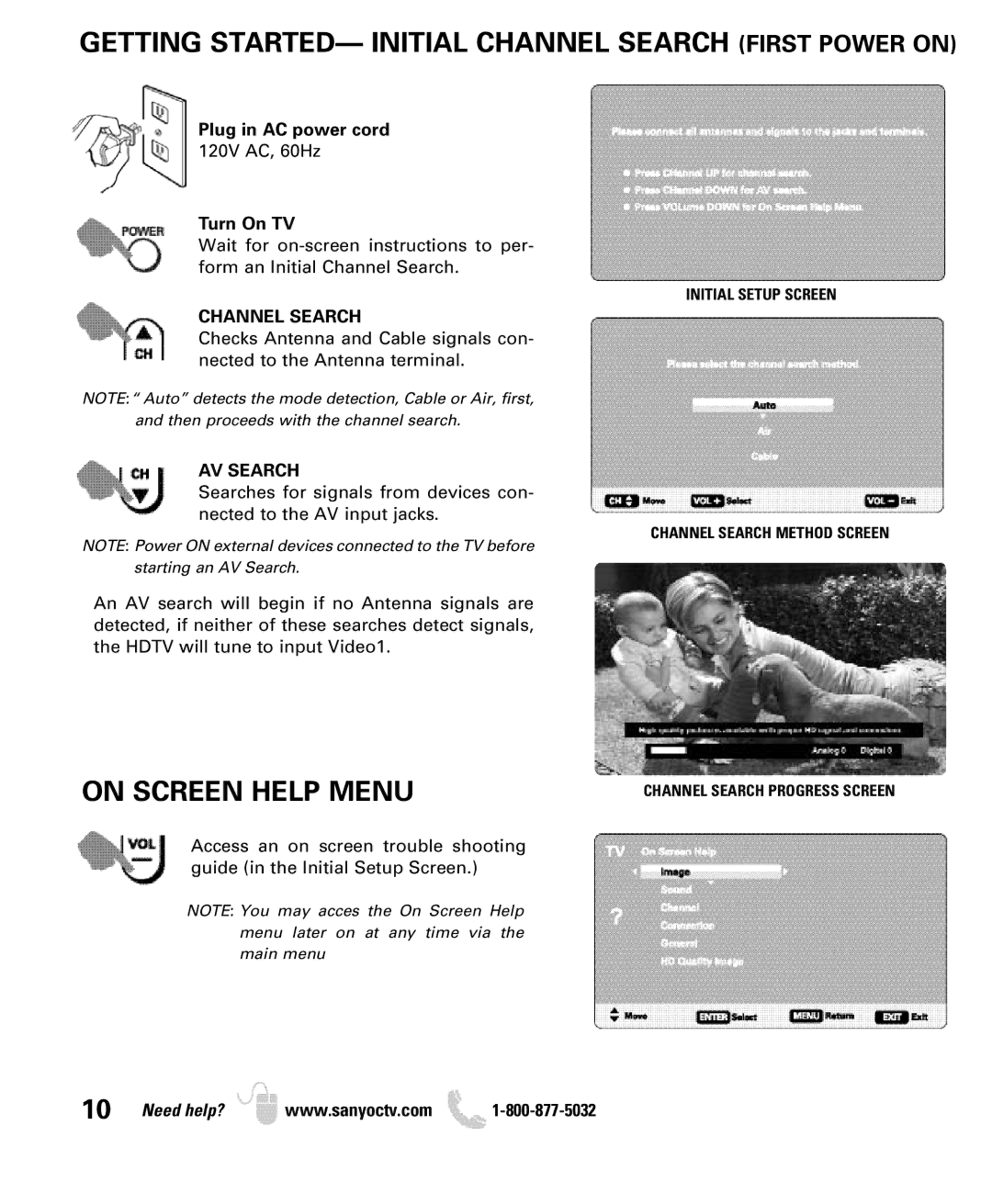 Sanyo DP26649, DP19649 owner manual Getting STARTED- Initial Channel Search First Power on, On Screen Help Menu, AV Search 