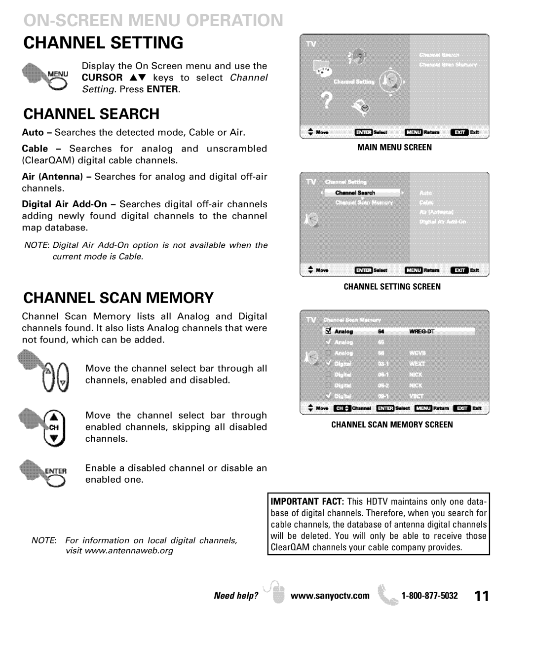 Sanyo DP19649, DP26649 owner manual ON-SCREEN Menu Operation Channel Setting, Channel Search, Channel Scan Memory Screen 